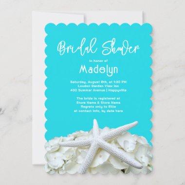 Elegant Aqua Starfish Hydrangea Bridal Shower Invitations