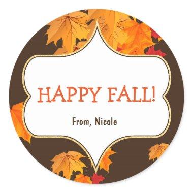 Elegant Autumn Fall Leaves Brown Favor Classic Round Sticker