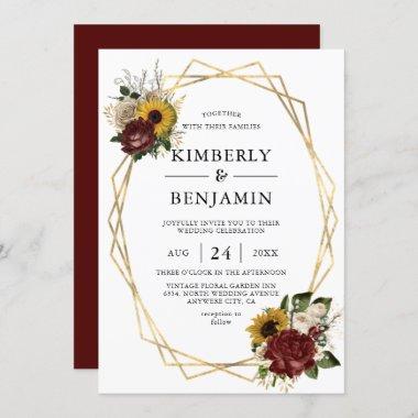 Elegant Autumn Florals & Geometric Frame Wedding Invitations