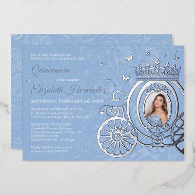 Elegant Baby Blue Quinceanera Princess Photo Foil Foil Invitations