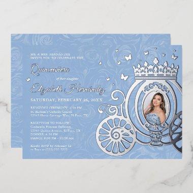 Elegant Baby Blue Quinceanera Princess Photo Foil Foil Invitations