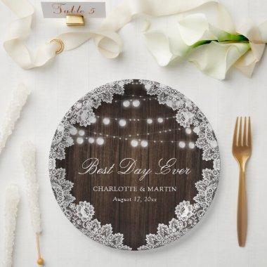 Elegant Barn Wood Lace String Lights Wedding Paper Plates