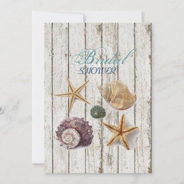 elegant barnwood seashells beach bridal shower Invitations