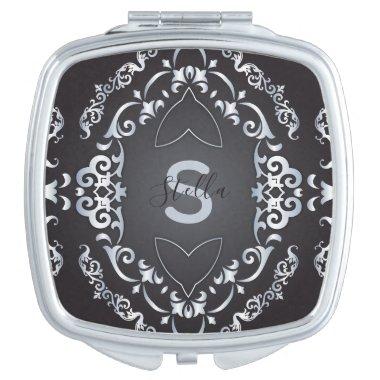 Elegant Baroque Luxury Chic Black & Silver Name Compact Mirror