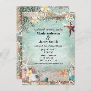 Elegant Beach Sea Starfish & Pearls Beachy Wedding Invitations