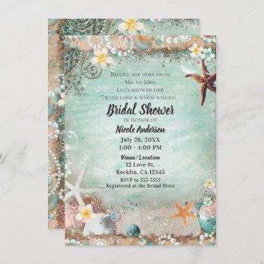 Elegant Beach Sea Starfish & Pearls Bridal Shower Invitations