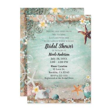 Elegant Beach Sea Starfish & Pearls Bridal Shower Invitations