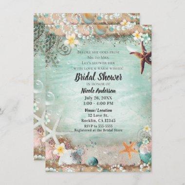 Elegant Beach Starfish Pearls Bridal Shower Invitations