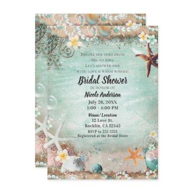 Elegant Beach Starfish Pearls Bridal Shower Invitations