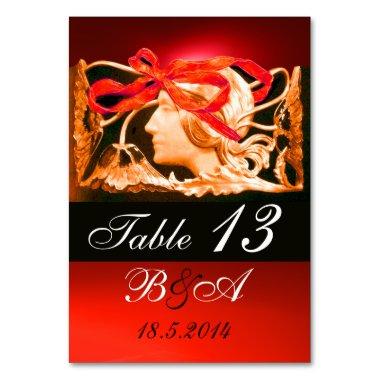 ELEGANT BEAUTY,LADY AND RED BOW ,FLOWERS MONOGRAM TABLE NUMBER