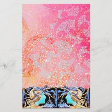 ELEGANT BEAUTY/LADY WITH BLUE BOW,FLOWERS IN PINK STATIONERY