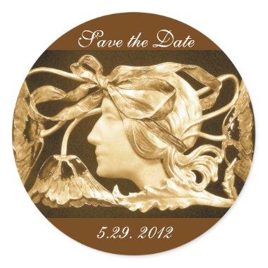 ELEGANT BEAUTY / LADY WITH BOW AND FLOWERS ,Brown Classic Round Sticker