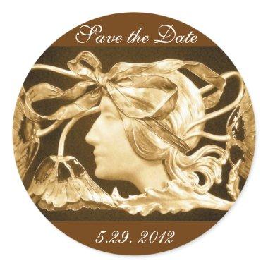 ELEGANT BEAUTY / LADY WITH BOW AND FLOWERS ,Brown Classic Round Sticker