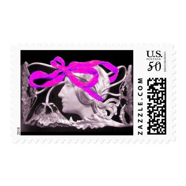 ELEGANT BEAUTY / LADY WITH PINK BOW AND FLOWERS POSTAGE