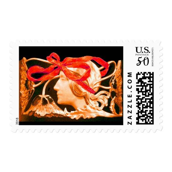 ELEGANT BEAUTY / LADY WITH RED BOW AND FLOWERS POSTAGE