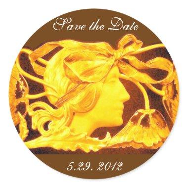 ELEGANT BEAUTY / LADY WITH YELLOW BOW AND FLOWERS CLASSIC ROUND STICKER