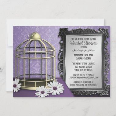 Elegant Birdcage Frame Purple Damask Bridal Shower Invitations