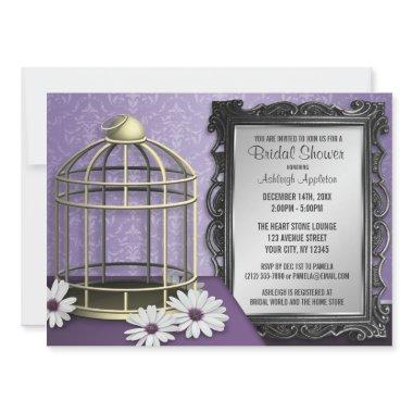 Elegant Birdcage Frame Purple Damask Bridal Shower Invitations