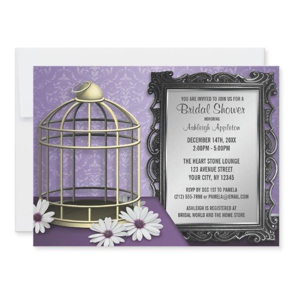 Elegant Birdcage Frame Purple Damask Bridal Shower Invitations