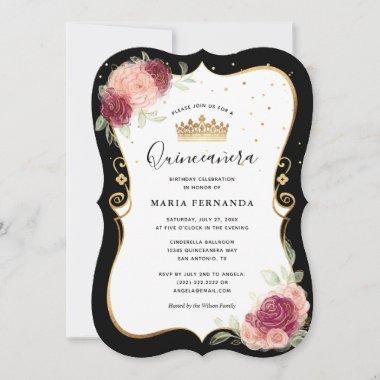 Elegant Black and Gold Pink Floral Quinceanera Invitations