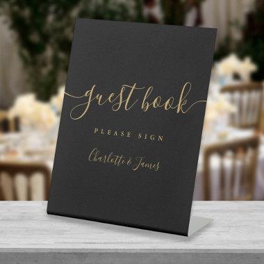 Elegant Black And Gold Signature Script Guest Book Pedestal Sign