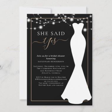 Elegant Black and Gold Wedding Dress Bridal Shower Invitations