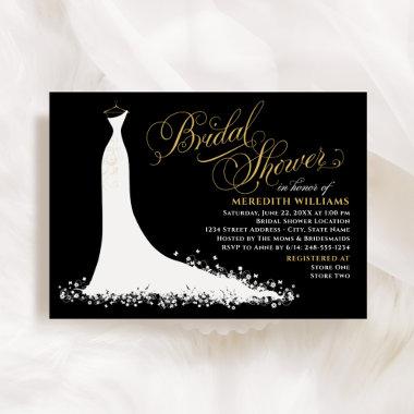 Elegant Black and Gold Wedding Gown Bridal Shower Invitations