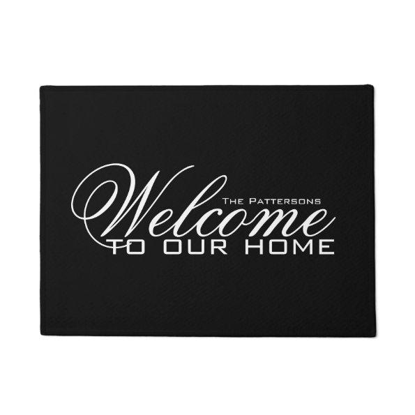 Elegant Black and White Family Name Welcome Doormat