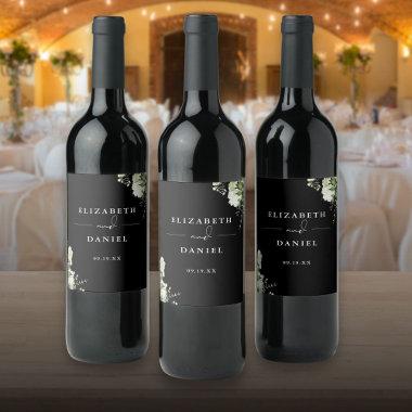 Elegant Black And White Floral Greenery Wedding Wine Label