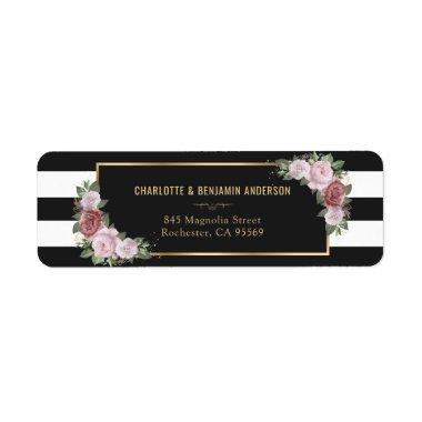 Elegant Black and White Gold Blush Pink Floral Label