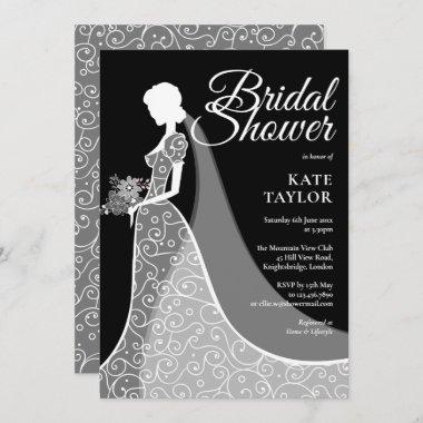 Elegant Black and White Lace Gown Bridal Shower Invitations