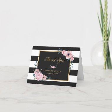 Elegant Black and White Striped Pink Floral Thank You Invitations