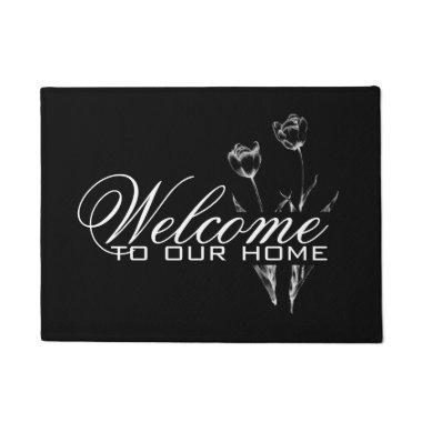 Elegant Black and White Tulip Welcome Doormat