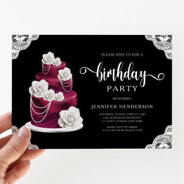 Elegant Black Birthday Cake & Lace Birthday Party Invitations