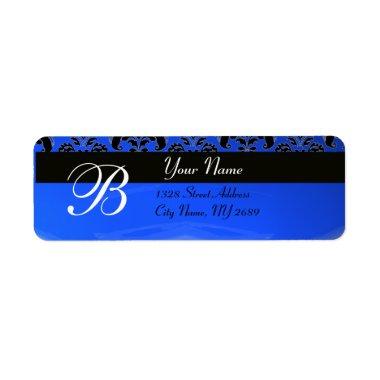 ELEGANT BLACK BLUE DAMASK MONOGRAM LABEL