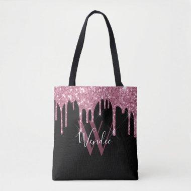 Elegant Black Blush Pink Drip Glitter Monogram Tote Bag
