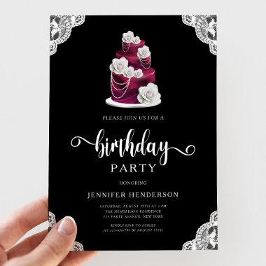 Elegant Black Cake & Lace Birthday Party Invitations