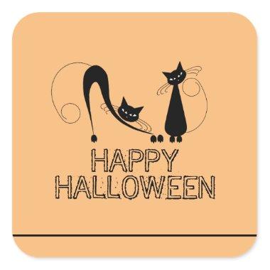 Elegant Black Cat, Happy Halloween Square Sticker