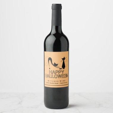 Elegant Black Cat, Happy Halloween Wine Label
