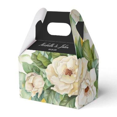 Elegant Black Floral Magnolia Name Script Wedding Favor Boxes
