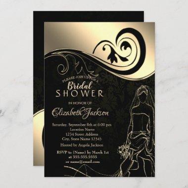 Elegant Black, Gold Bride, Bridal Shower Invitations