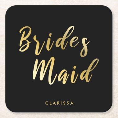 Elegant black & gold bridesmaid square paper coaster