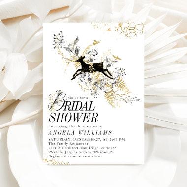 Elegant Black & Gold Floral Winter Bridal Shower Invitations