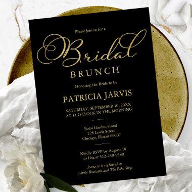 Elegant Black Gold Foil Script Bridal Brunch Invitations