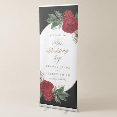 Elegant Black & Gold Framed Red Peonies Wedding Retractable Banner