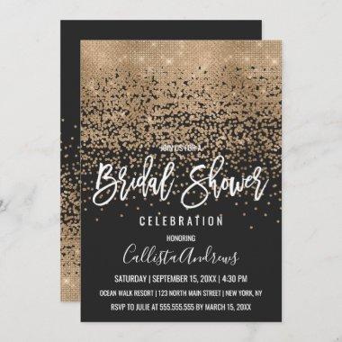 Elegant Black Gold Glitter Confetti Bridal Shower Invitations