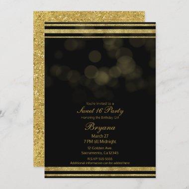 Elegant Black Gold Glitter Sparkle Sweet 16 Party Invitations