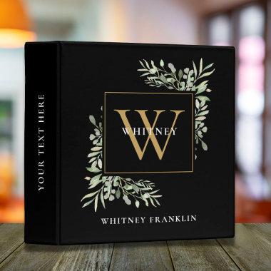 Elegant Black Gold Monogram Eucalyptus Greenery 3 Ring Binder