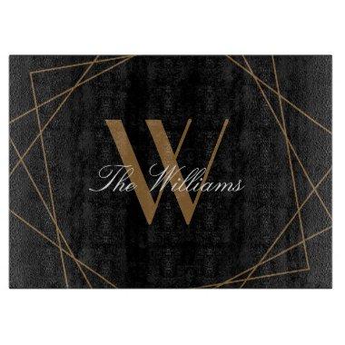 Elegant Black Gold Monogram Geometric Name Script Cutting Board