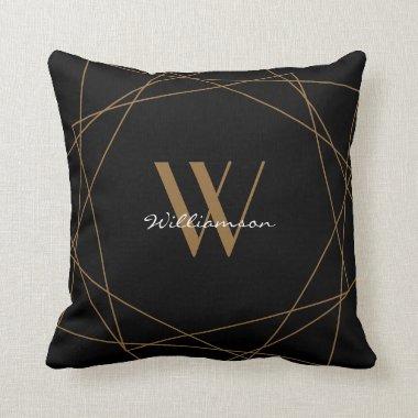 Elegant Black Gold Monogram Geometric Name Script Throw Pillow